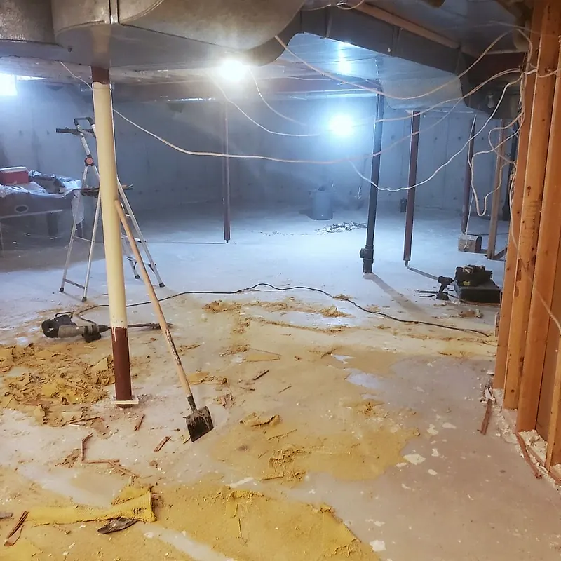 Cleared basement with the steel posts and joists exposed and a floor scraper leaning on a post